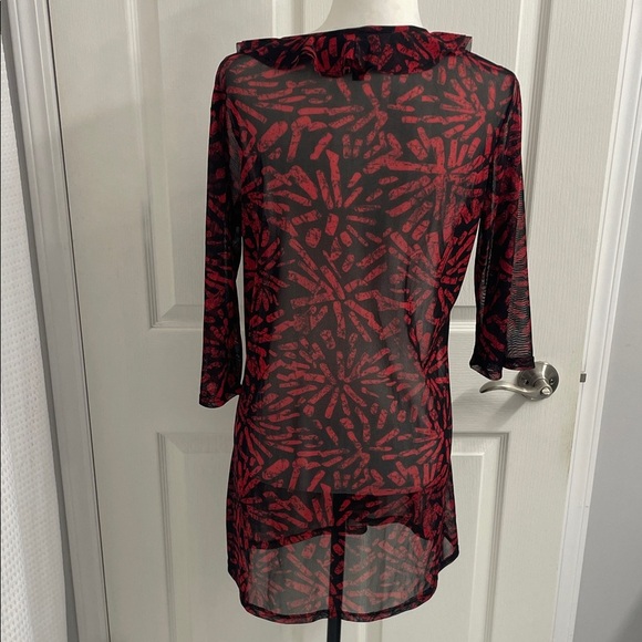 Simon Chang Red & Black Swim Coverup Ruffled Collar Self Tie 3/4 Sleeves Size M - Picture 6 of 11